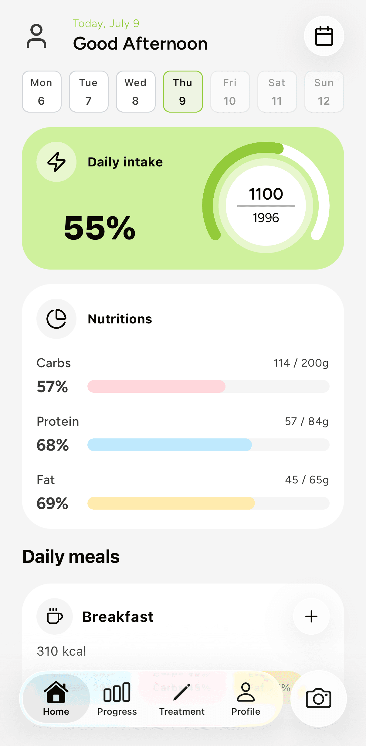 Goala app home screen showing logged meals and daily nutrition guidance