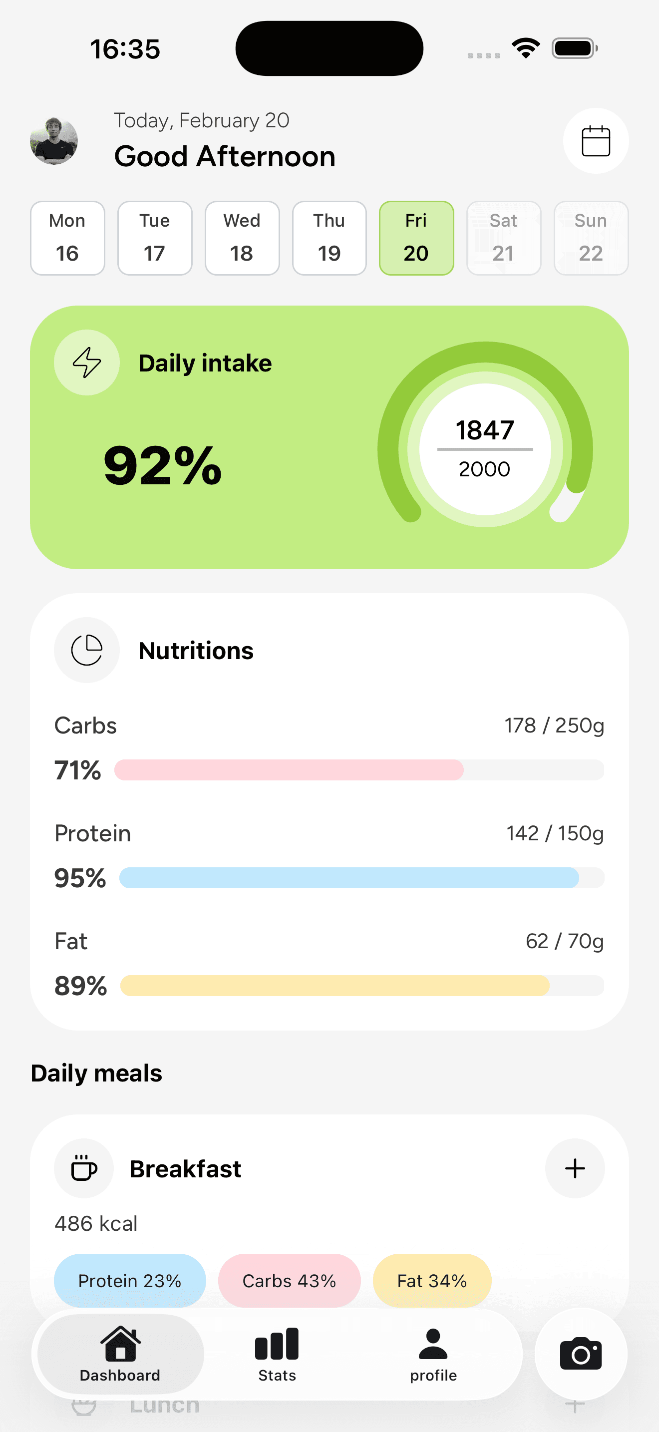 Goala app home screen showing logged meals and daily nutrition guidance